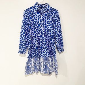 Ro’s Garden Blue Geometric & Floral 100% Cotton Babydoll Collared Dress size XS